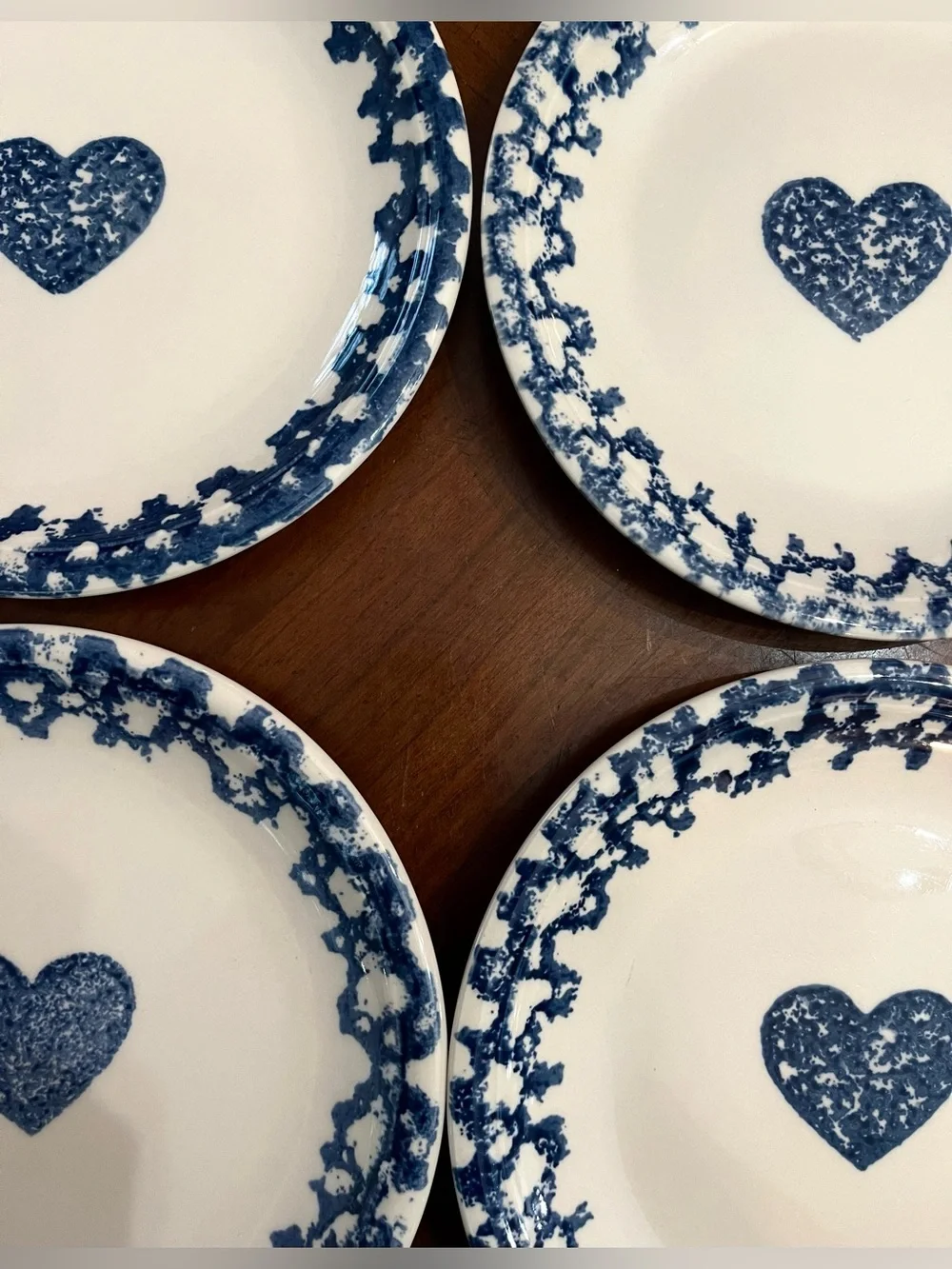 5 VTG Tienshan Folk Craft Blue Hearts Spongeware Salad Dessert Plates, 7.5”